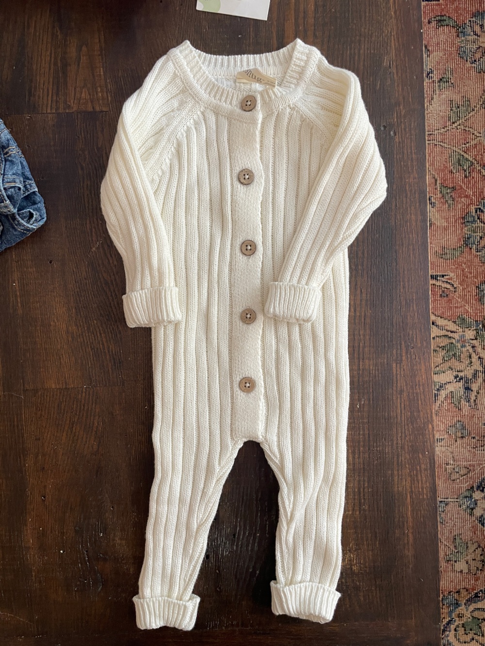 Cream Ribbed Button One Piece 3-6M